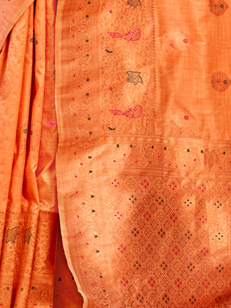 Women's Peach Silk Woven Work Traditional Tassels Saree
