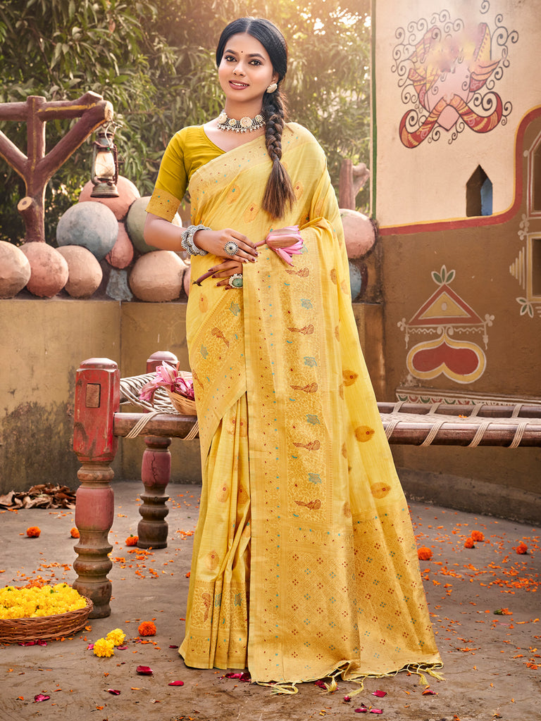 Women's Yellow Silk Woven Work Traditional Tassels Saree