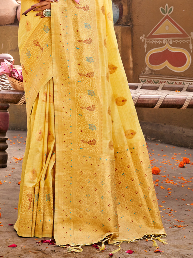 Women's Yellow Silk Woven Work Traditional Tassels Saree