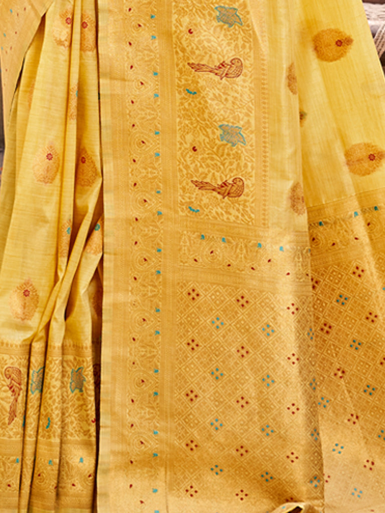 Women's Yellow Silk Woven Work Traditional Tassels Saree