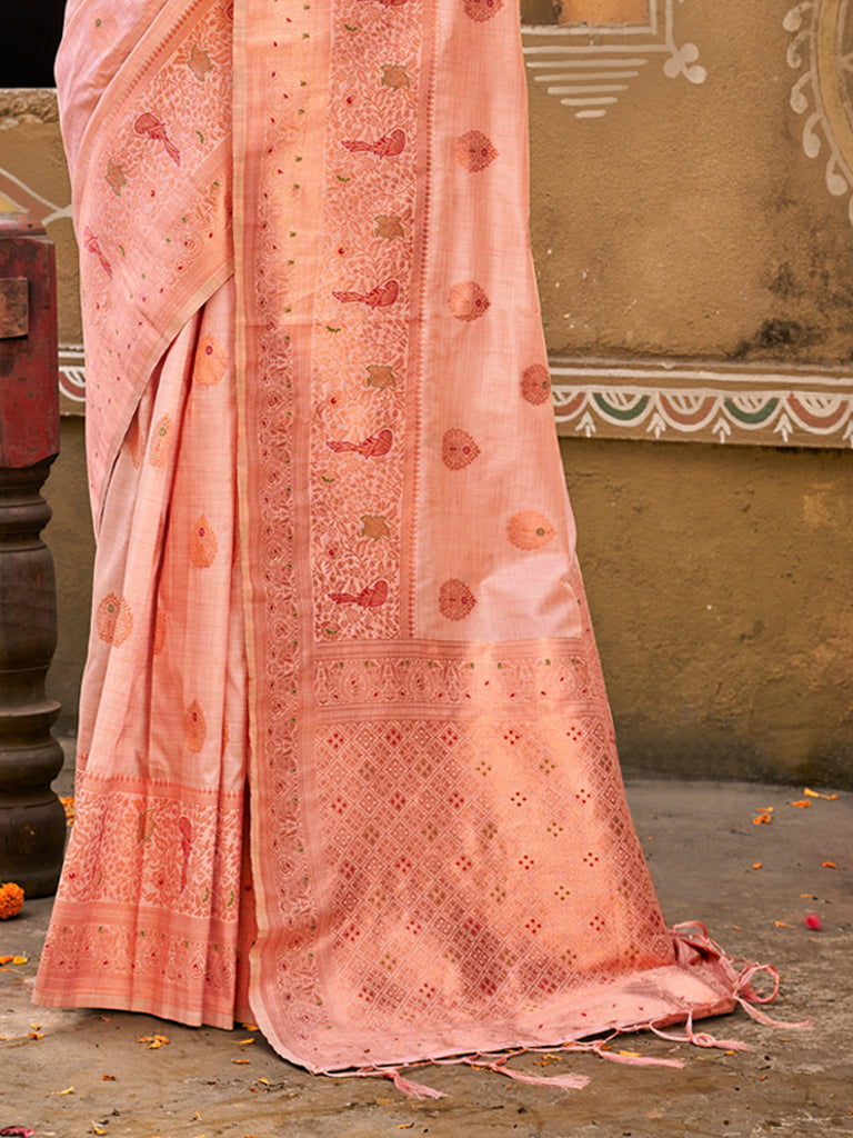 Women's Light Pink Silk Woven Work Traditional Tassels Saree