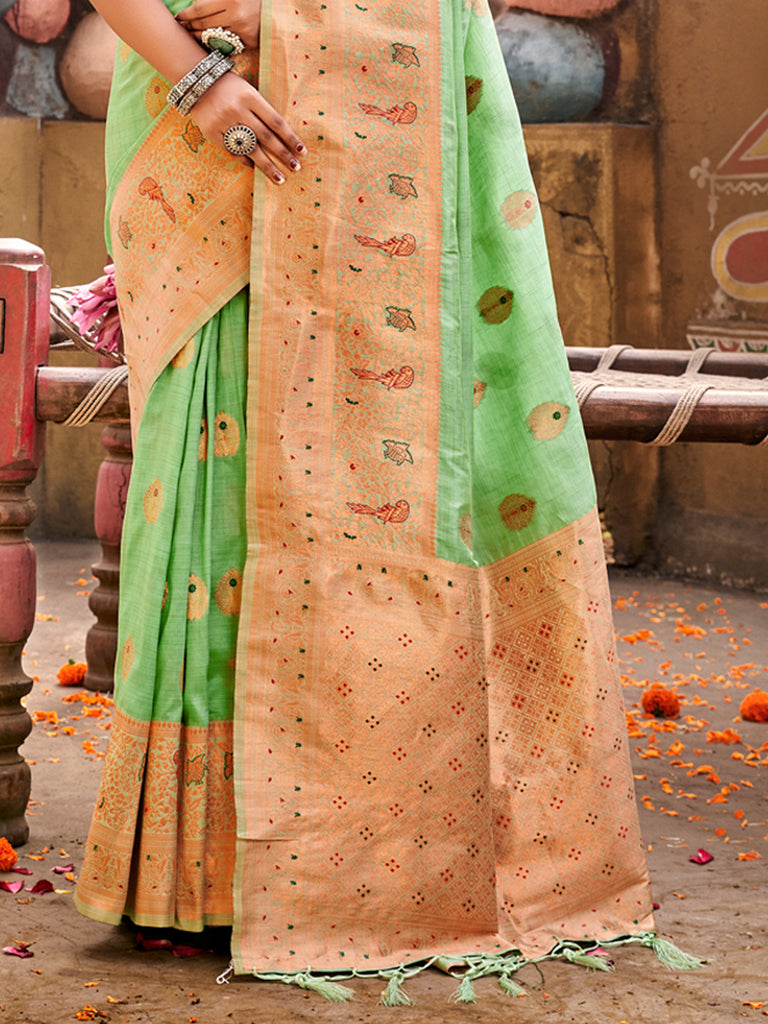 Women's Green Silk Woven Work Traditional Tassels Saree