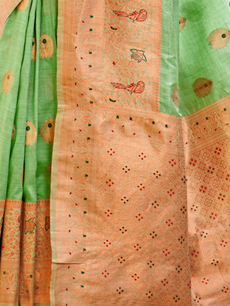 Women's Green Silk Woven Work Traditional Tassels Saree