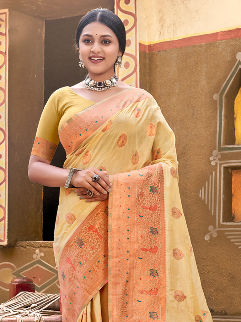 Women's Cream Silk Woven Work Traditional Tassels Saree