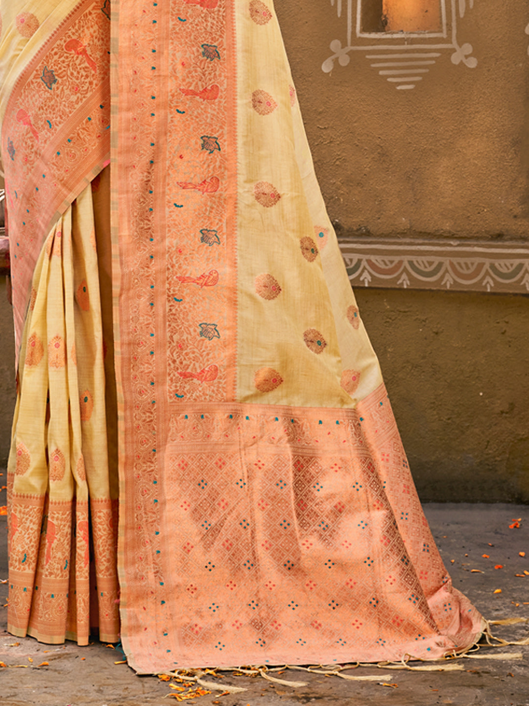 Women's Cream Silk Woven Work Traditional Tassels Saree - Sangam Prints