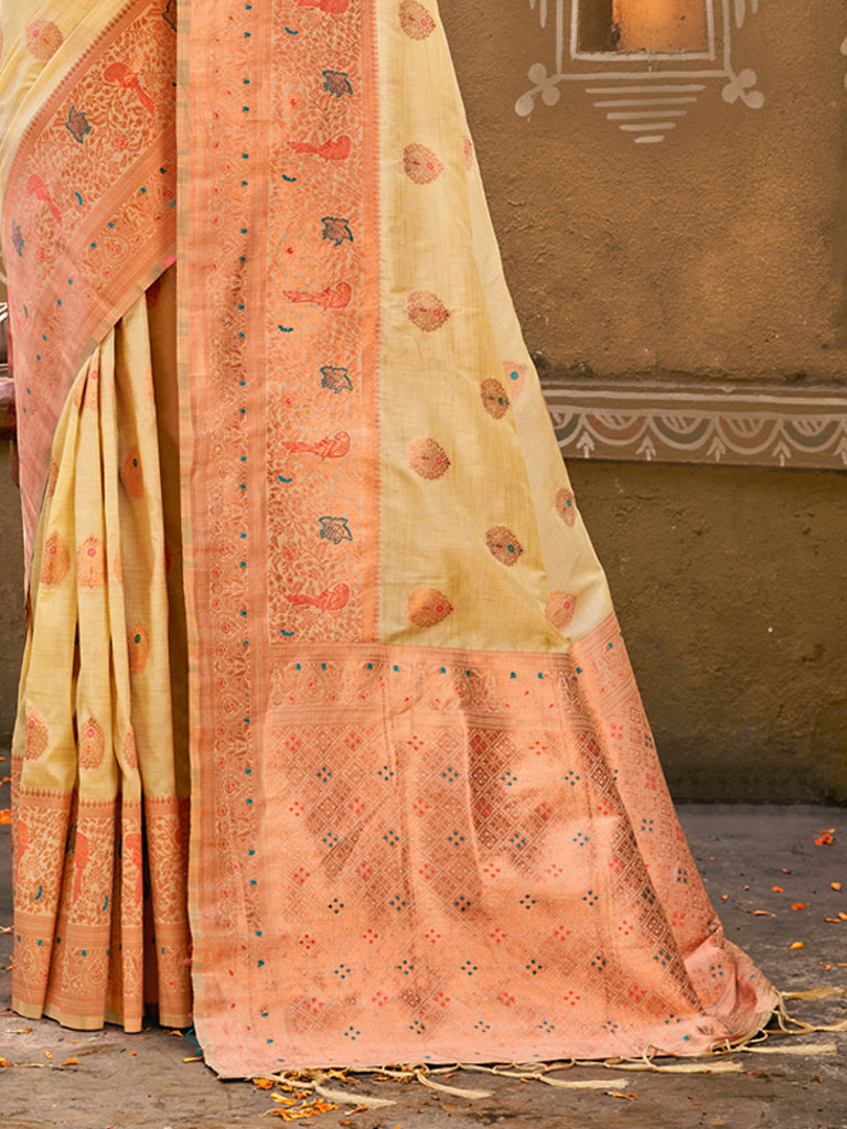 Women's Cream Silk Woven Work Traditional Tassels Saree
