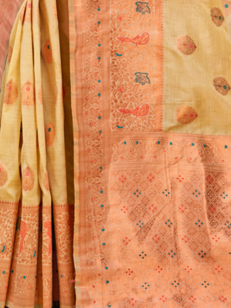 Women's Cream Silk Woven Work Traditional Tassels Saree