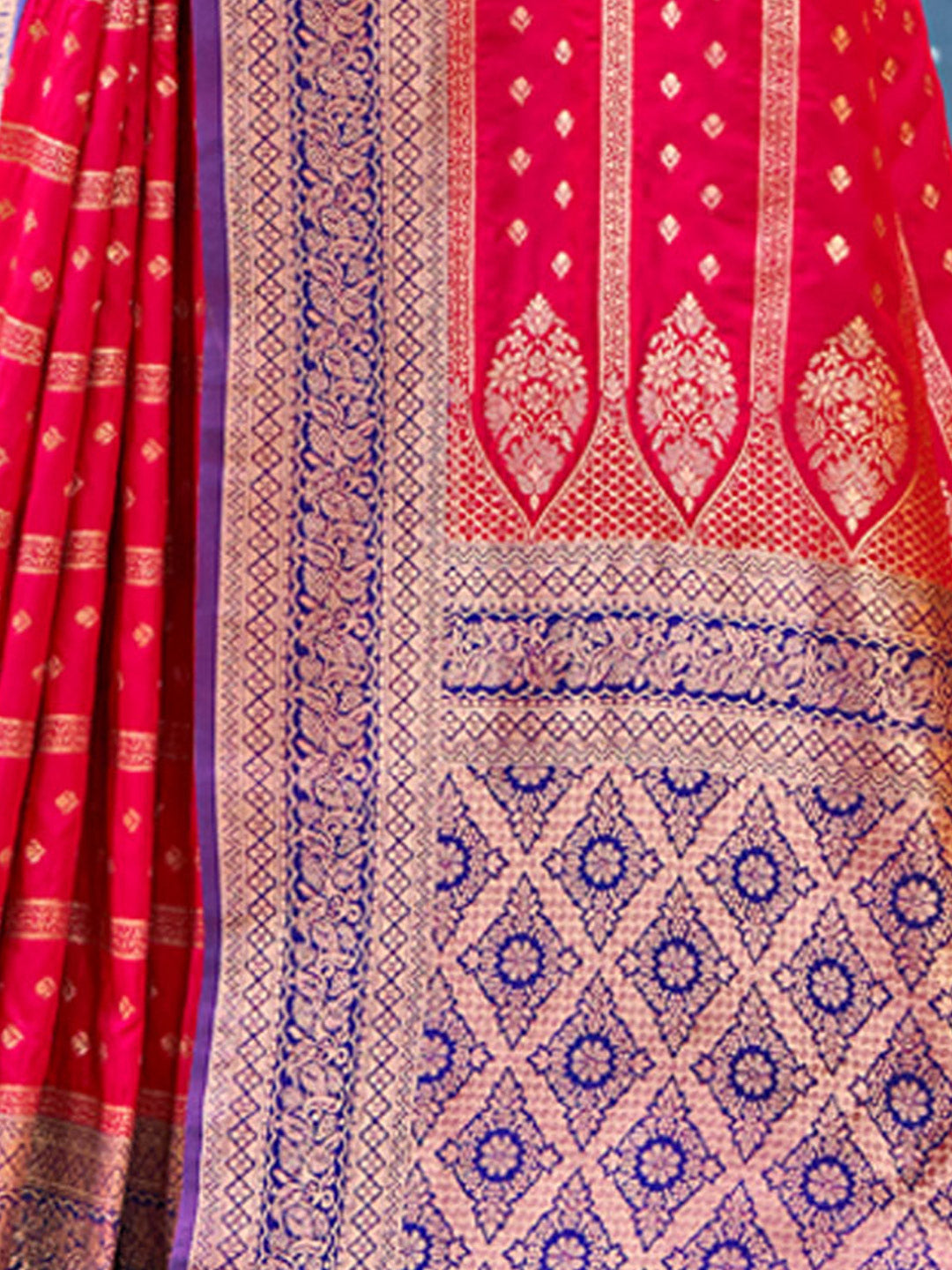 Women's Red Banarasi Silk Woven Work Traditional Tassels Saree - Sangam Prints