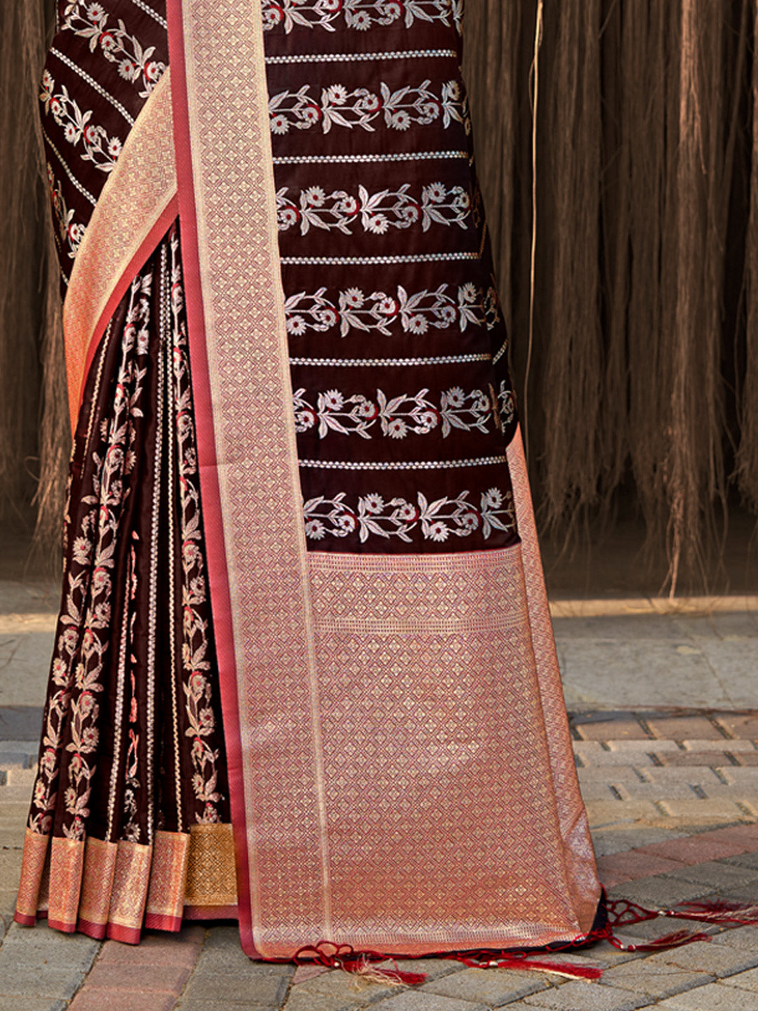 Women's Brown Stain Silk Woven Work Traditional Tassels Saree - Sangam Prints