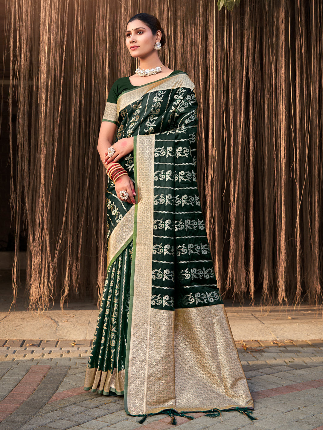Women's Dark Green Stain Silk Woven Work Traditional Tassels Saree - Sangam Prints