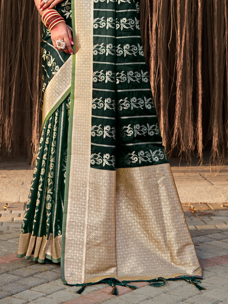 Women's Dark Green Stain Silk Woven Work Traditional Tassels Saree