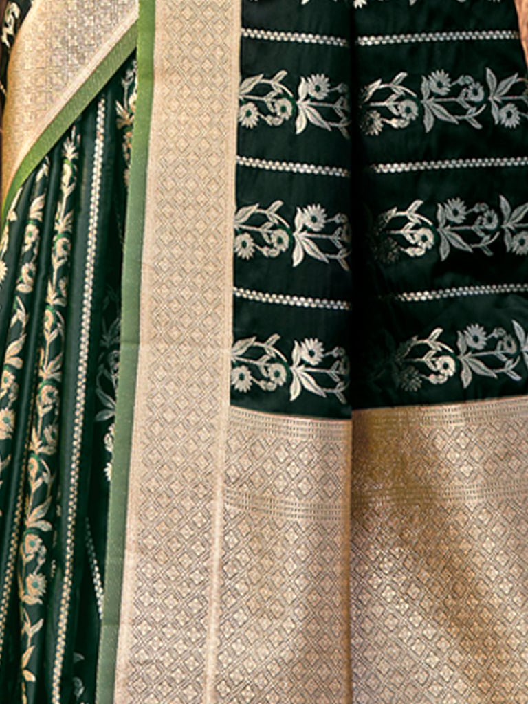 Women's Dark Green Stain Silk Woven Work Traditional Tassels Saree