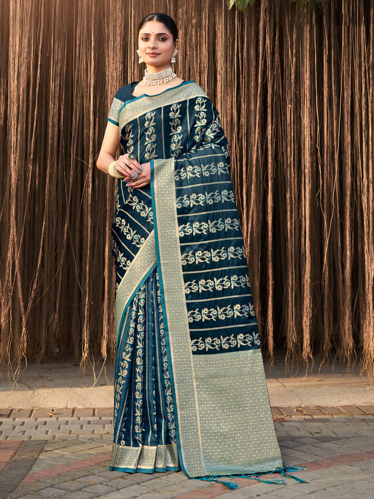 Women's Sea Green Stain Silk Woven Work Traditional Tassels Saree