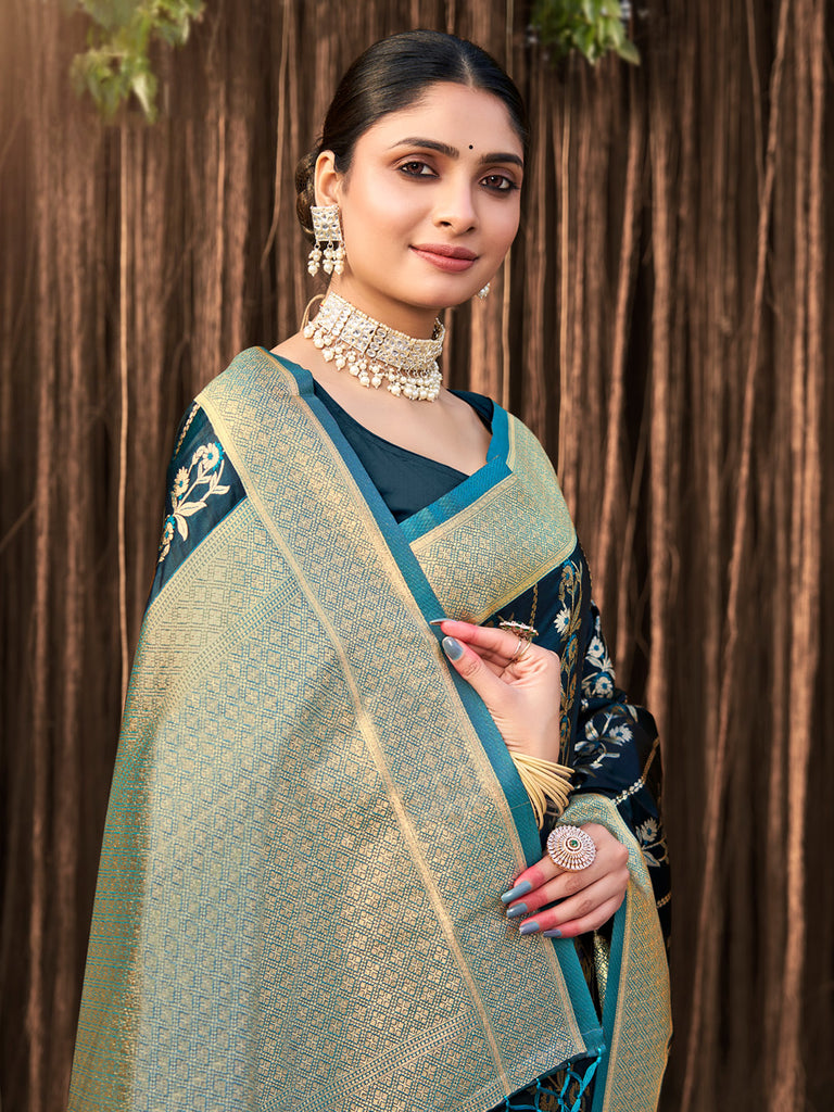 Women's Sea Green Stain Silk Woven Work Traditional Tassels Saree