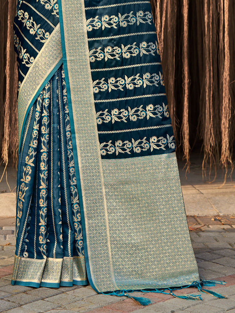 Women's Sea Green Stain Silk Woven Work Traditional Tassels Saree