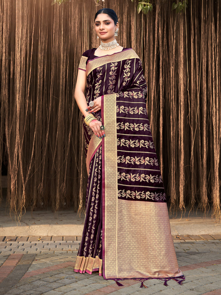 Women's Purple Stain Silk Woven Work Traditional Tassels Saree