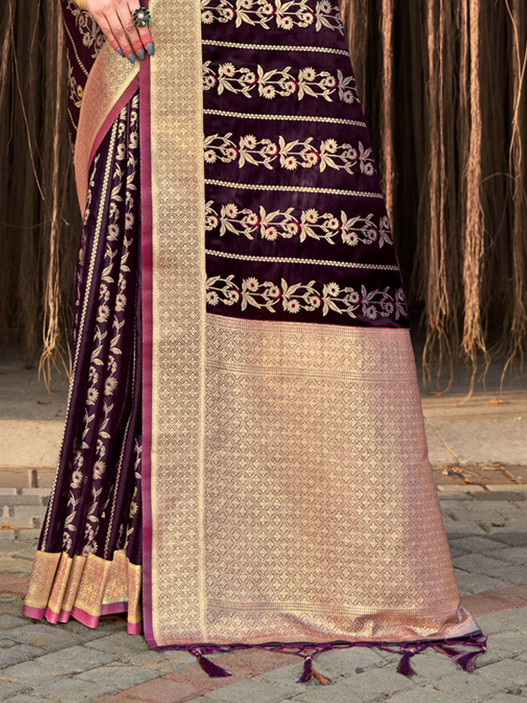 Women's Purple Stain Silk Woven Work Traditional Tassels Saree
