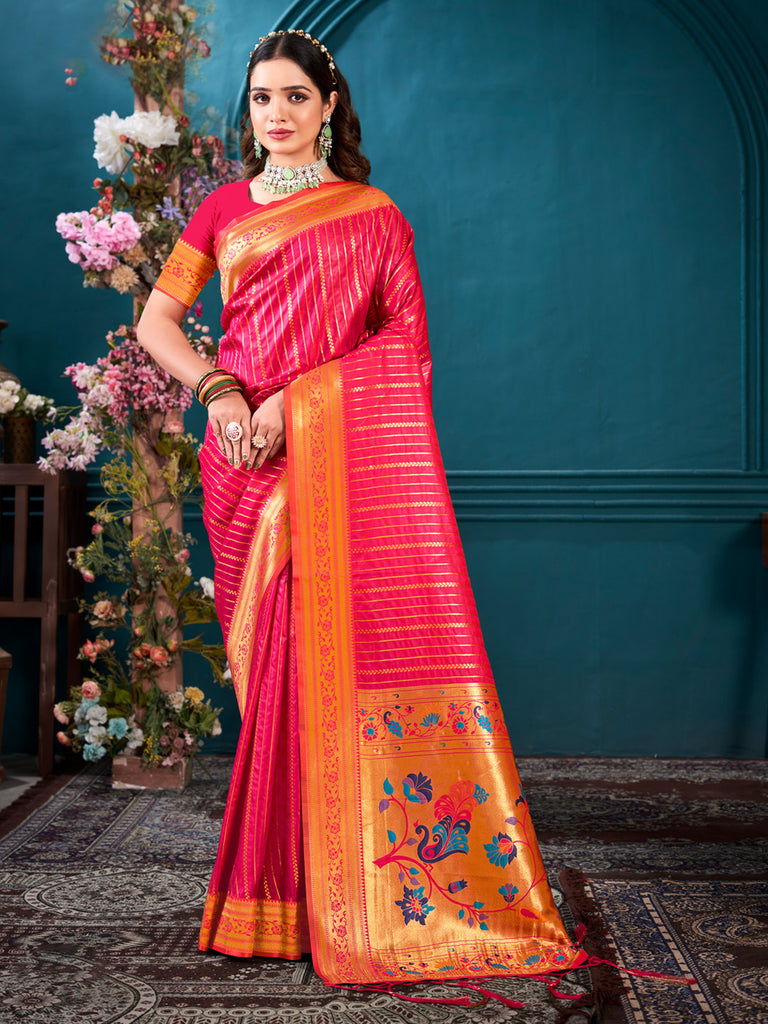 Women's Pink Paithani Silk Woven Work Traditional Tassels Saree