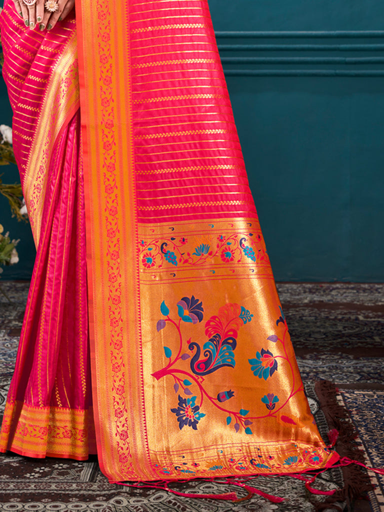 Women's Pink Paithani Silk Woven Work Traditional Tassels Saree