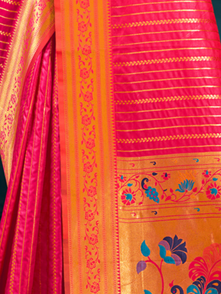 Women's Pink Paithani Silk Woven Work Traditional Tassels Saree