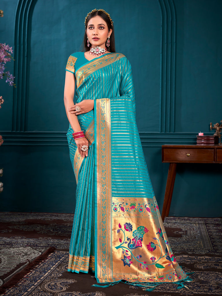 Women's Turquoise Paithani Silk Woven Work Traditional Tassels Saree