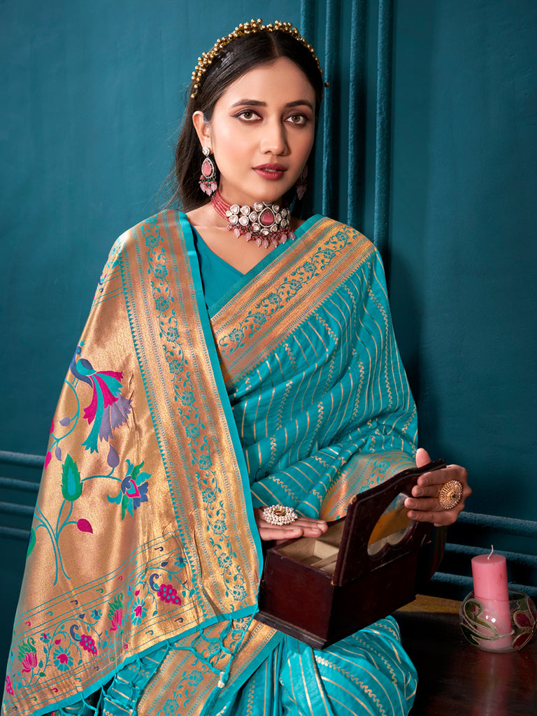 Women's Turquoise Paithani Silk Woven Work Traditional Tassels Saree