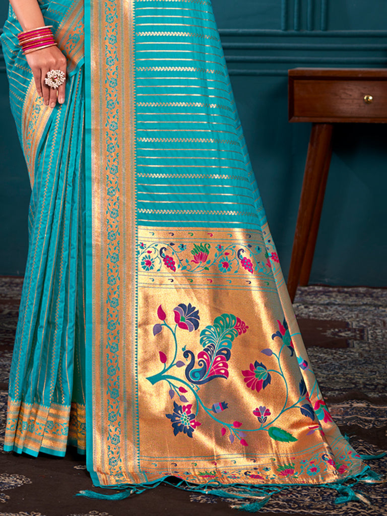 Women's Turquoise Paithani Silk Woven Work Traditional Tassels Saree