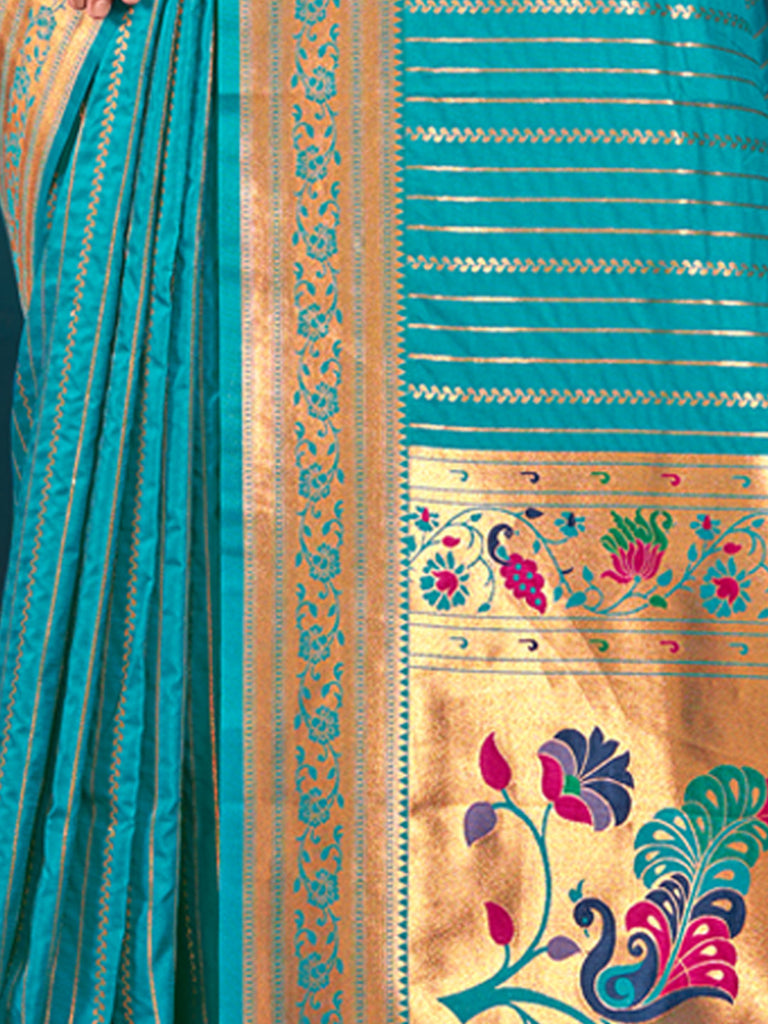 Women's Turquoise Paithani Silk Woven Work Traditional Tassels Saree