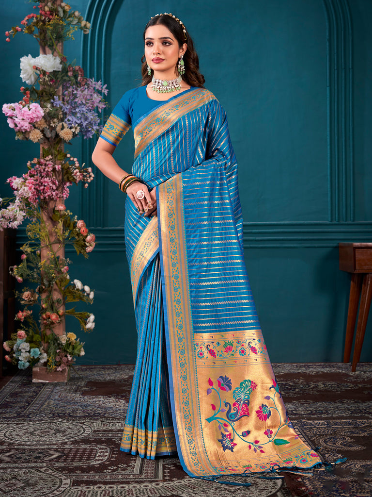 Women's Blue Paithani Silk Woven Work Traditional Tassels Saree