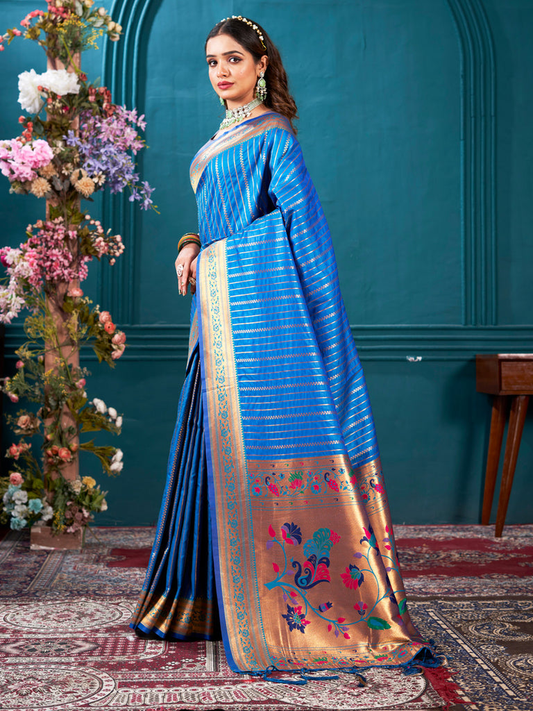 Women's Blue Paithani Silk Woven Work Traditional Tassels Saree