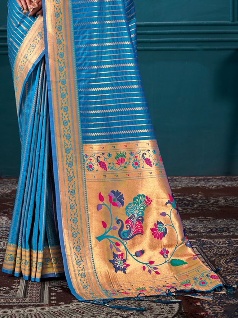 Women's Blue Paithani Silk Woven Work Traditional Tassels Saree