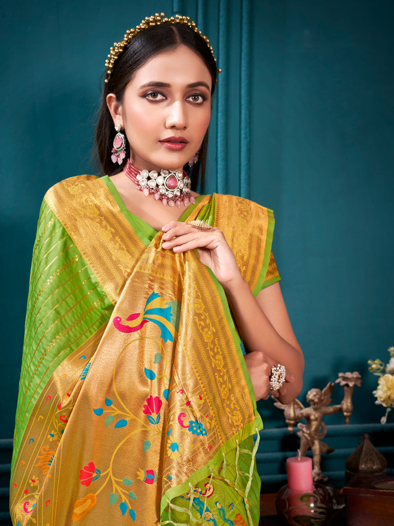 Women's Parrot Green Paithani Silk Woven Work Traditional Tassels Saree
