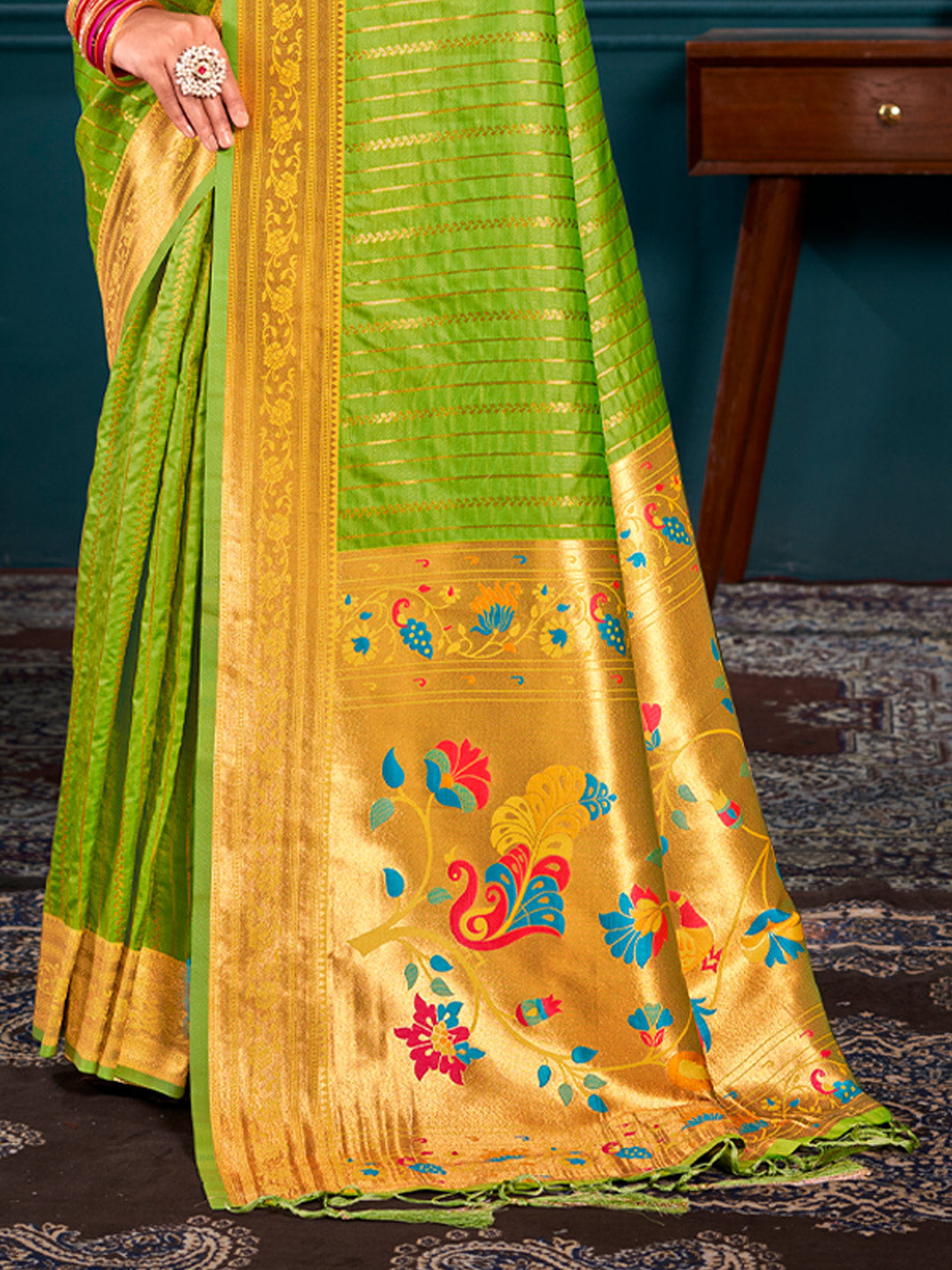 Women's Parrot Green Paithani Silk Woven Work Traditional Tassels Saree - Sangam Prints
