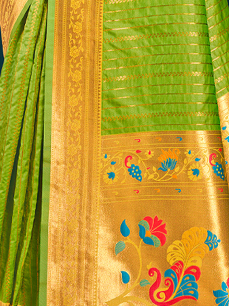 Women's Parrot Green Paithani Silk Woven Work Traditional Tassels Saree