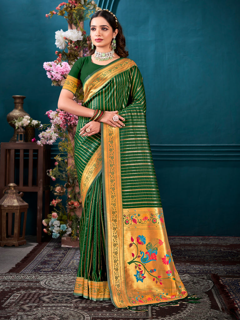 Women's Dark Green Paithani Silk Woven Work Traditional Tassels Saree
