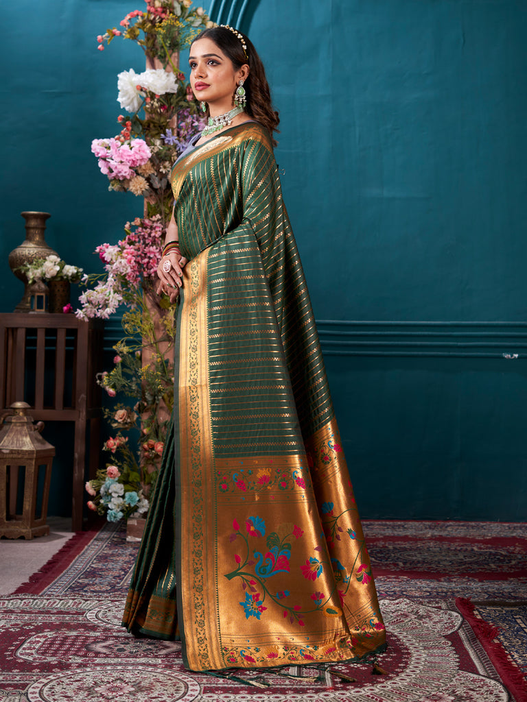 Women's Dark Green Paithani Silk Woven Work Traditional Tassels Saree