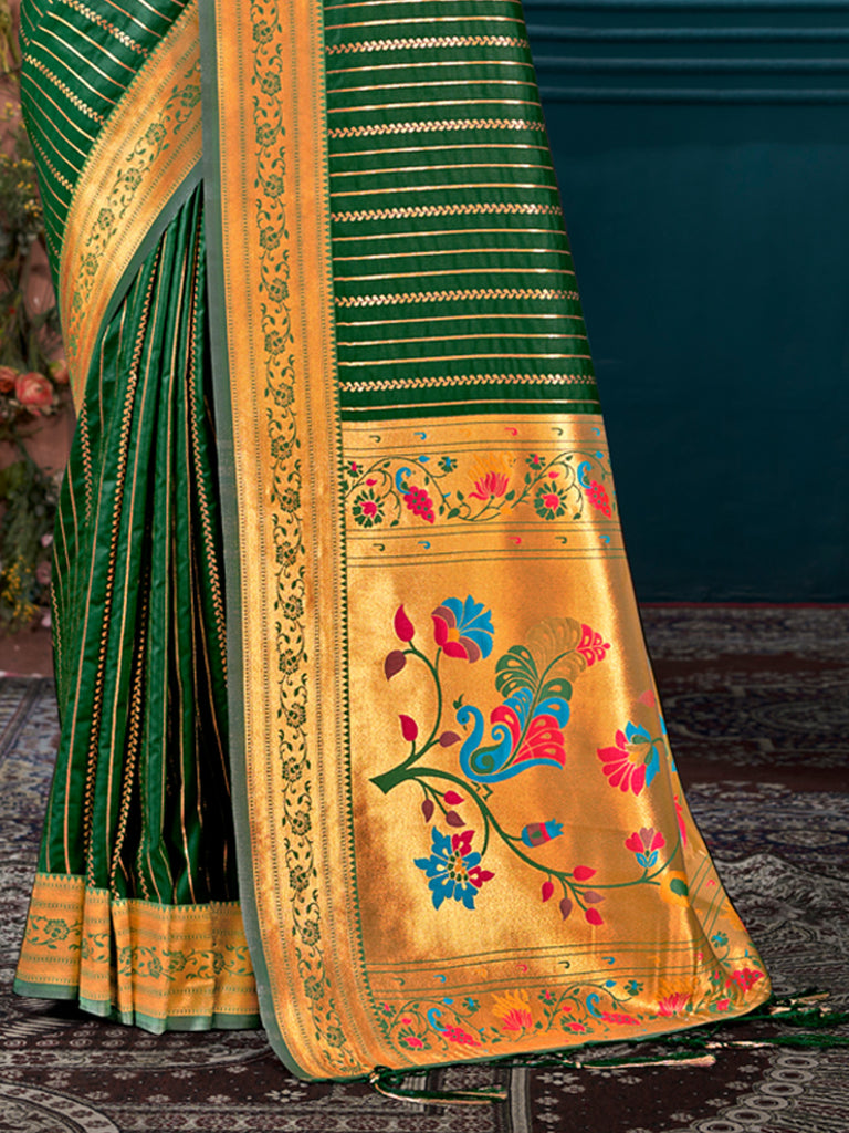 Women's Dark Green Paithani Silk Woven Work Traditional Tassels Saree