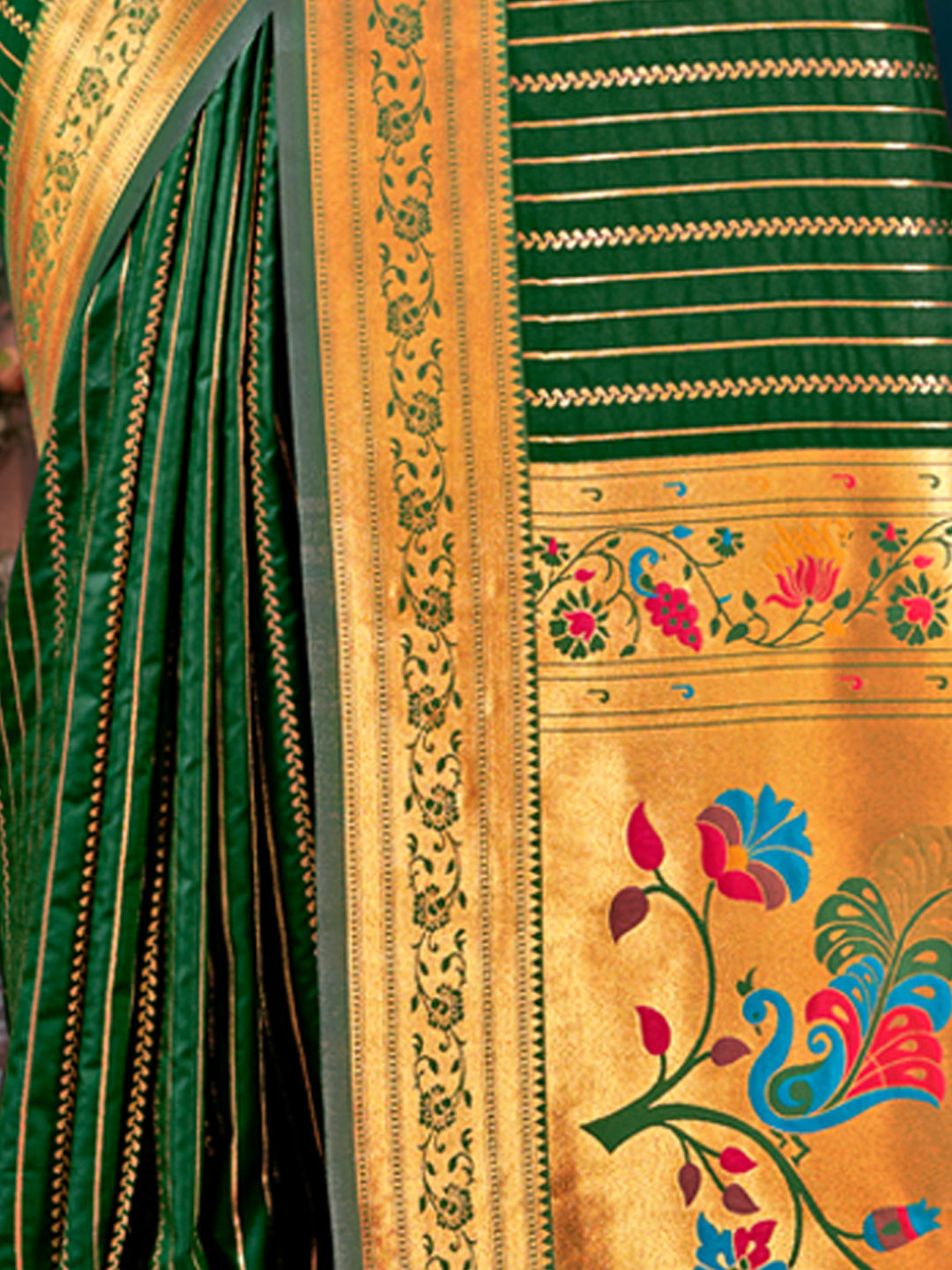Women's Dark Green Paithani Silk Woven Work Traditional Tassels Saree - Sangam Prints