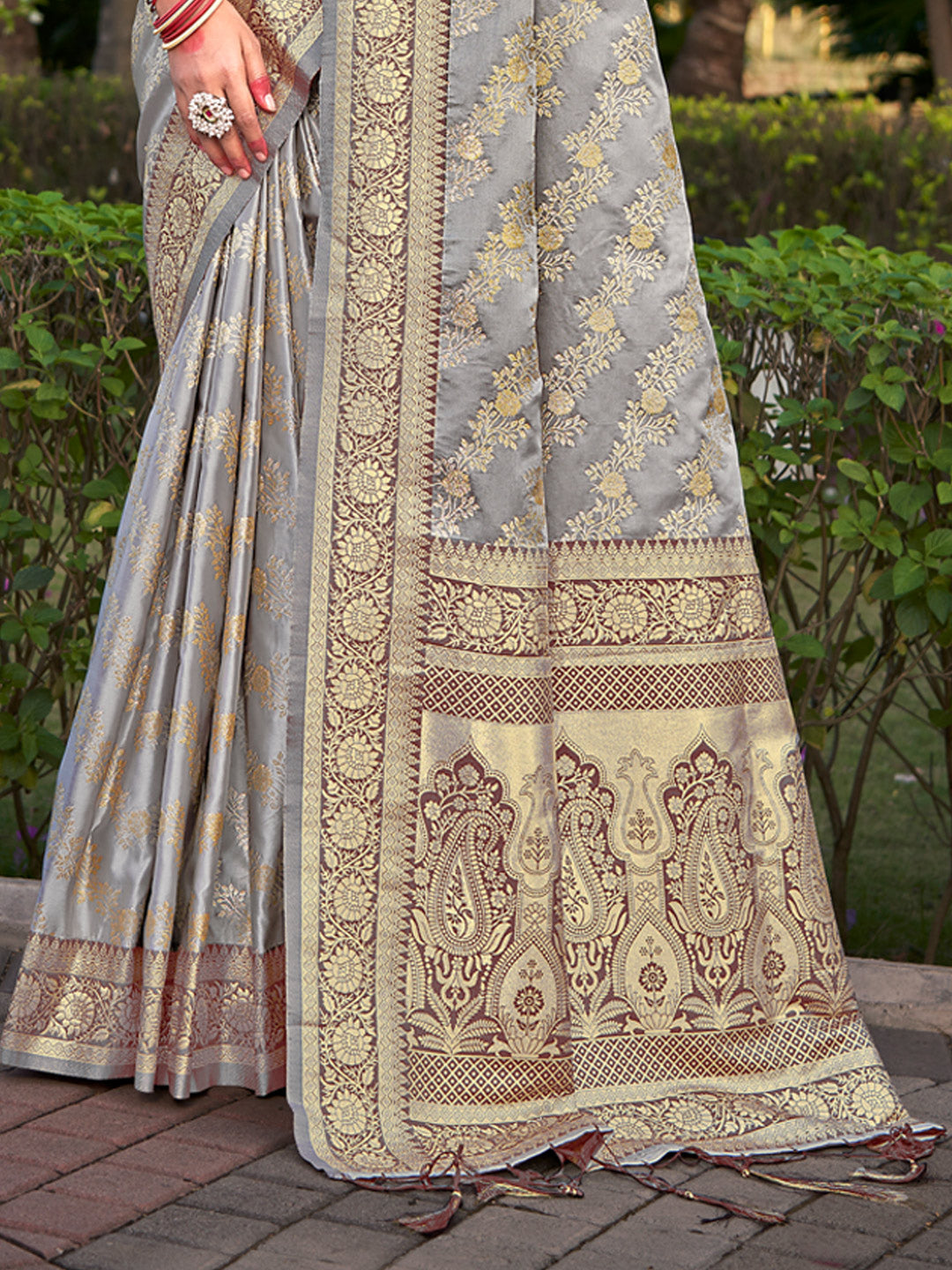 Women's Grey Stain Silk Woven Work Traditional Tassels Saree - Sangam Prints