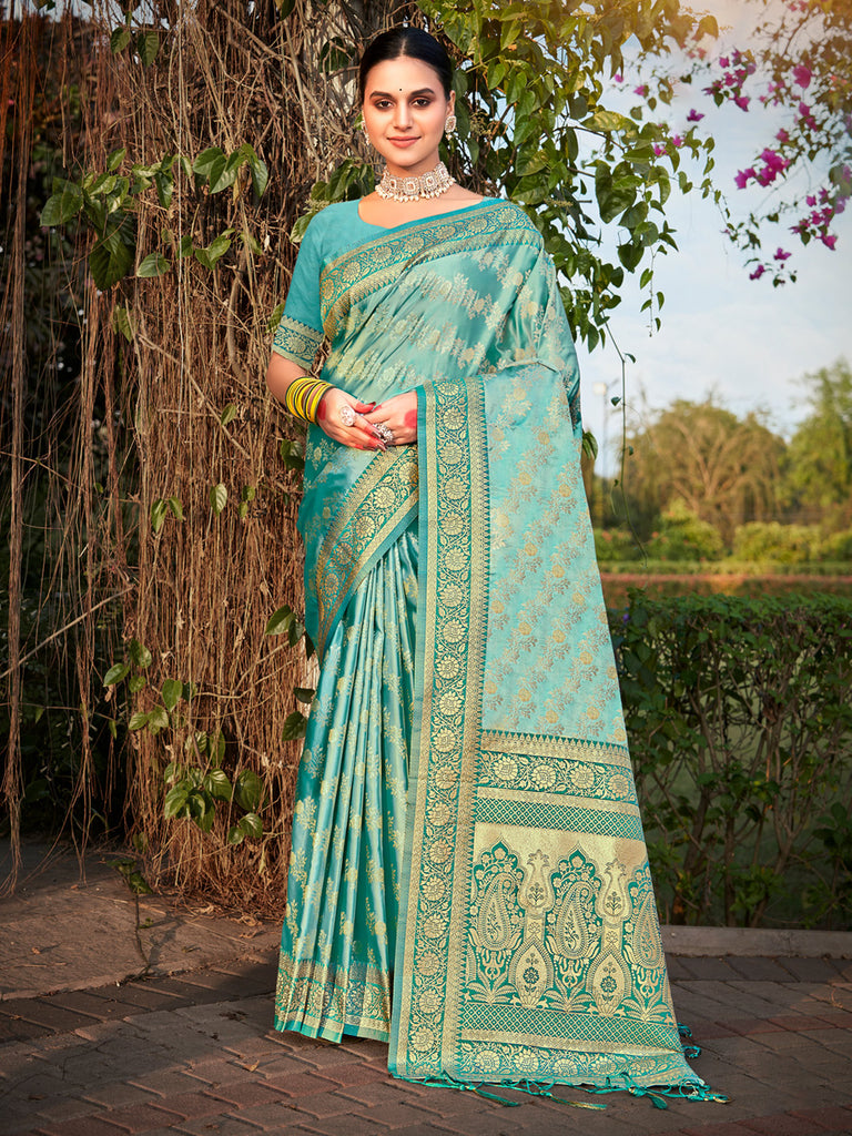 Women's Rama Green Stain Silk Woven Work Traditional Tassels Saree