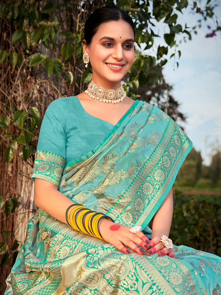 Women's Rama Green Stain Silk Woven Work Traditional Tassels Saree