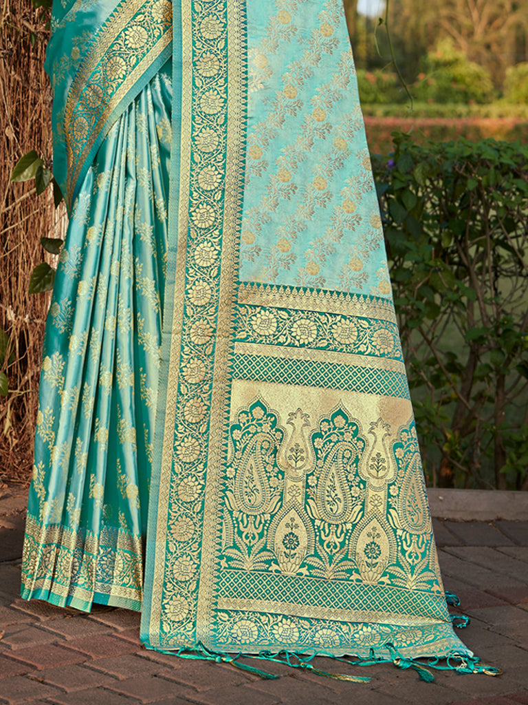 Women's Rama Green Stain Silk Woven Work Traditional Tassels Saree