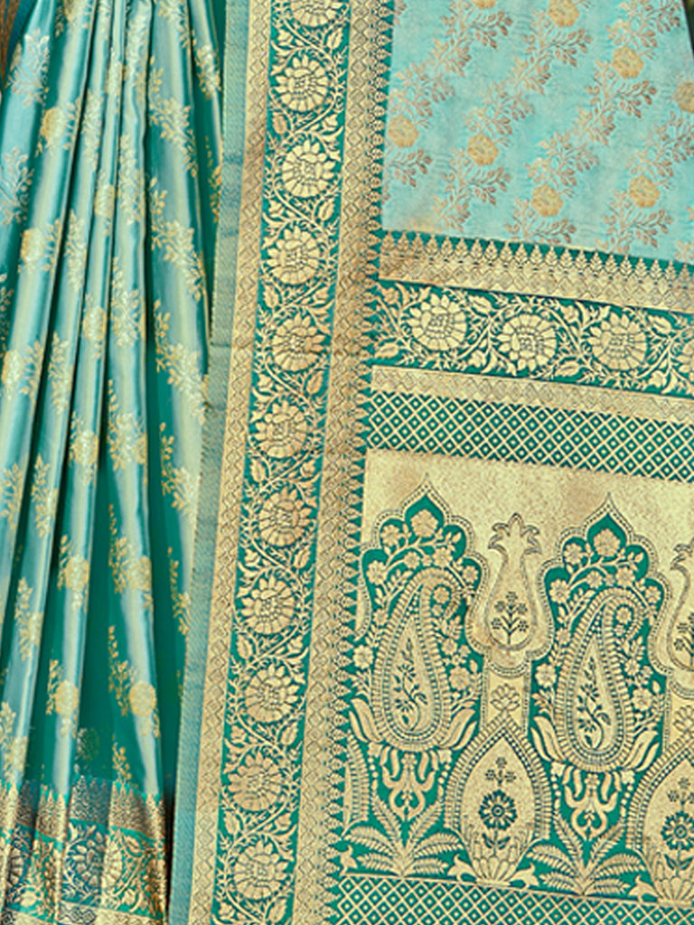 Women's Rama Green Stain Silk Woven Work Traditional Tassels Saree