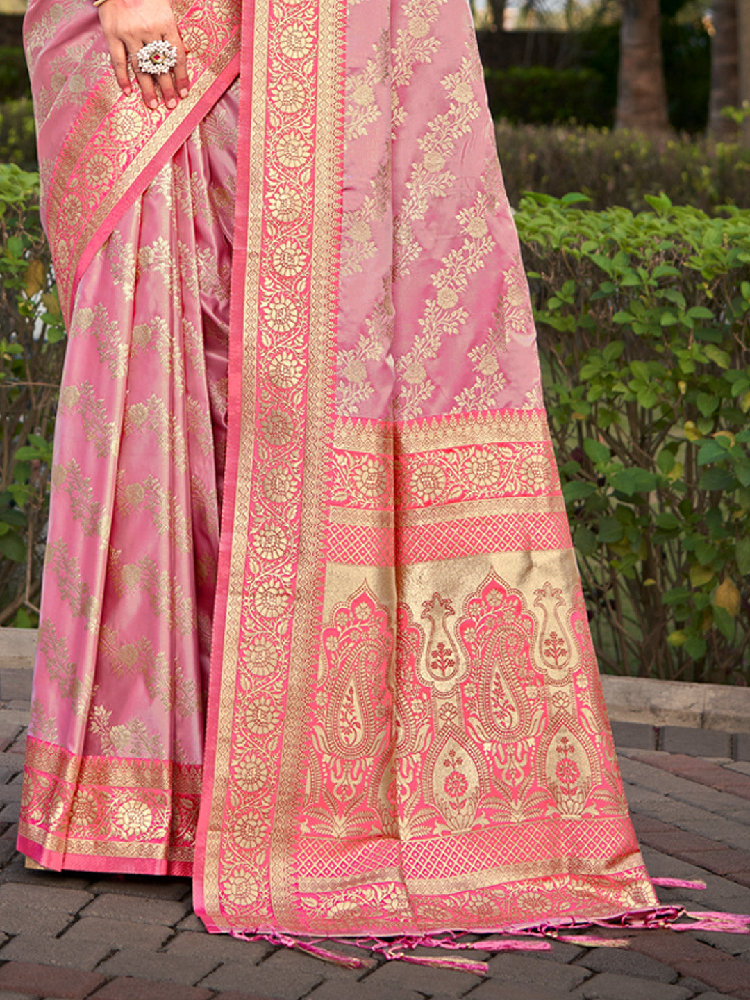 Women's Light Pink Stain Silk Woven Work Traditional Tassels Saree - Sangam Prints