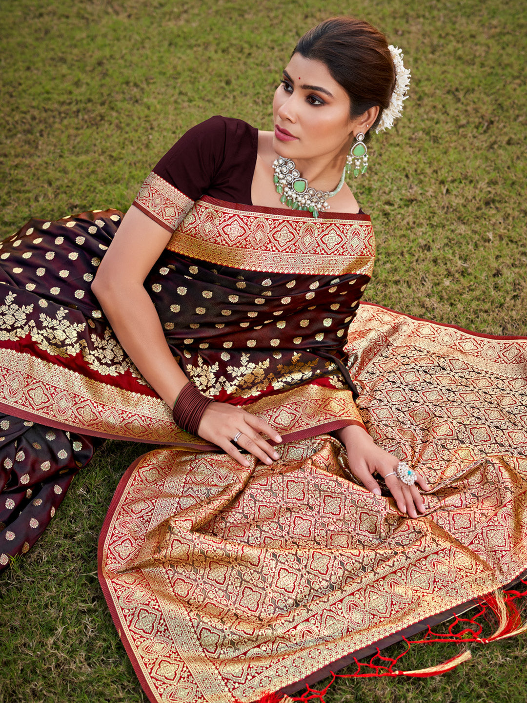 Women's Brown Stain Silk Woven Work Traditional Tassels Saree - Sangam Prints