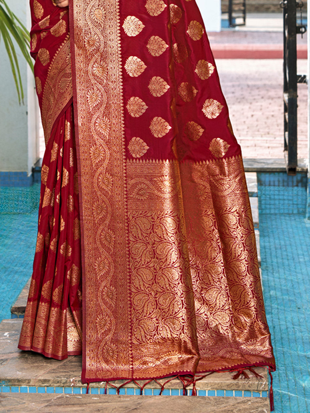 Women's Maroon Silk Woven Work Traditional Tassels Saree - Sangam Prints