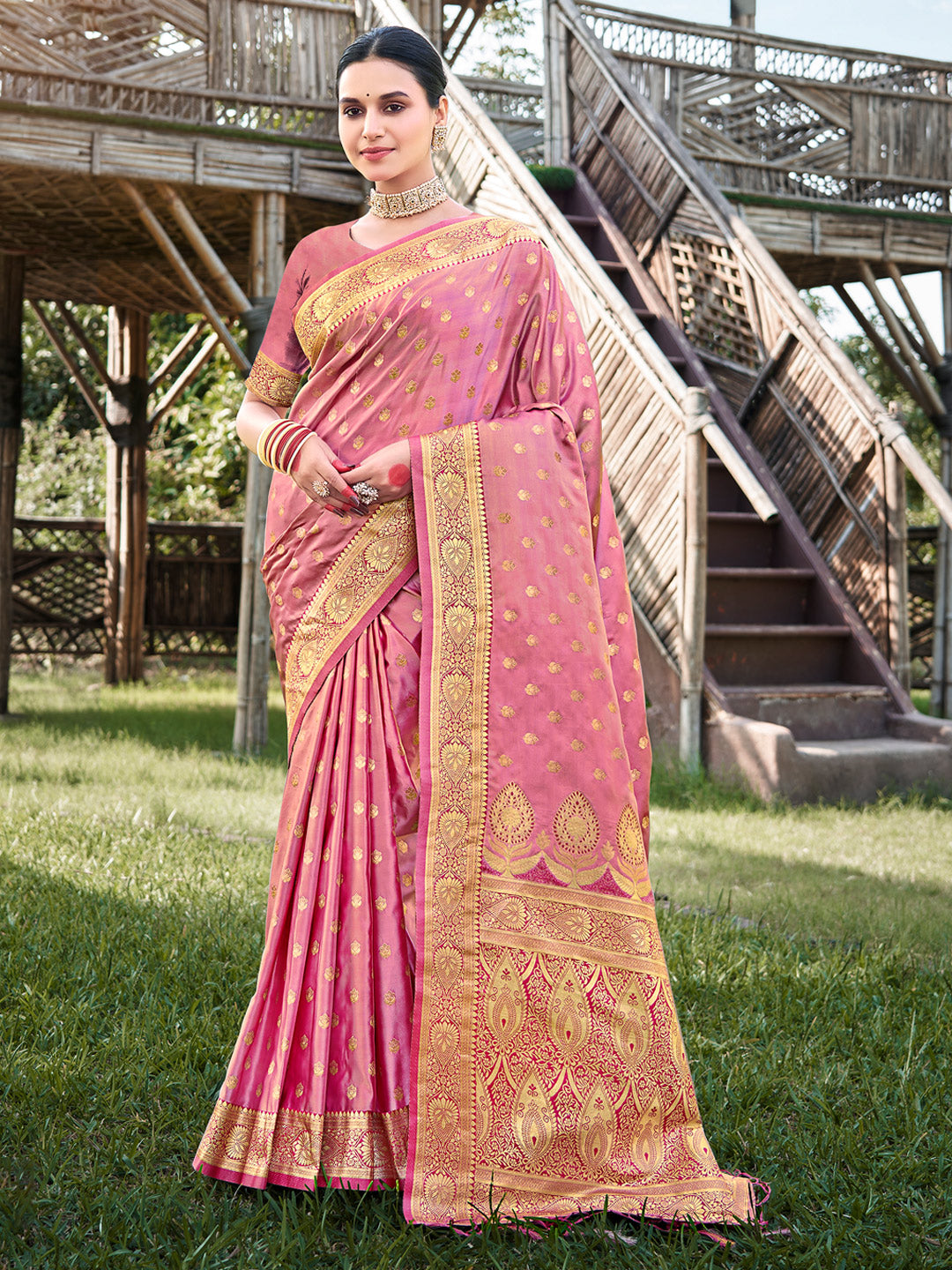 Women's Pink Stain Silk Woven Work Traditional Tassels Saree - Sangam Prints