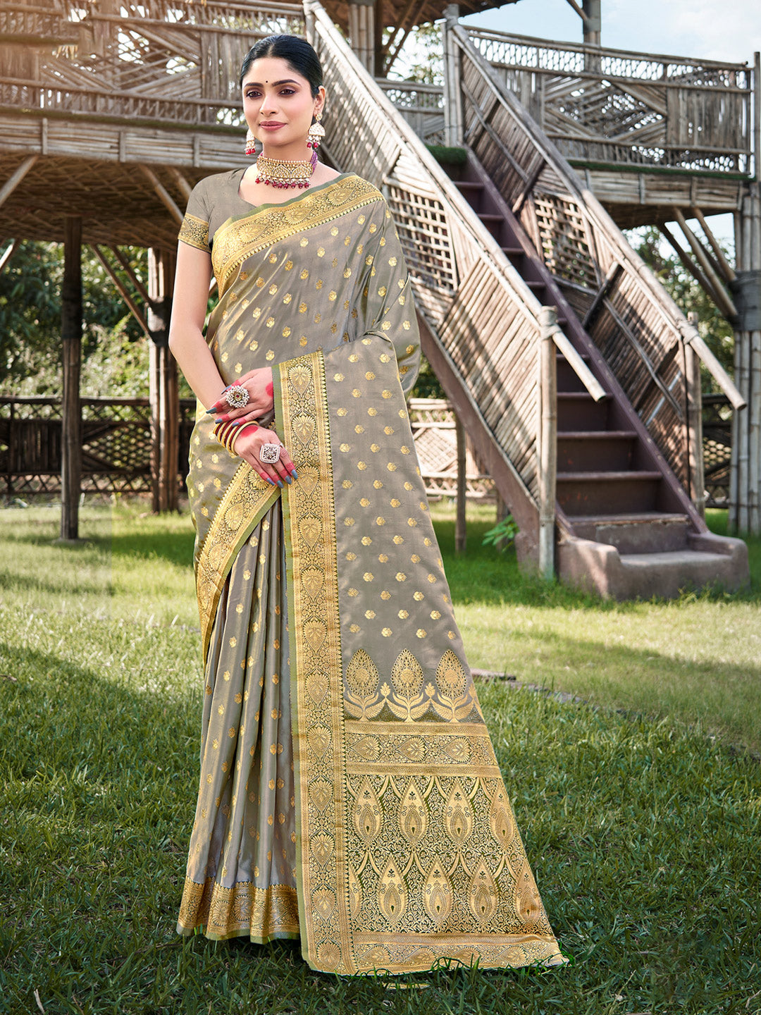 Women's Light Green Stain Silk Woven Work Traditional Tassels Saree - Sangam Prints
