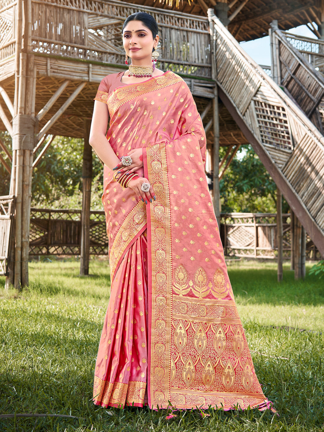 Women's Peach Stain Silk Woven Work Traditional Tassels Saree - Sangam Prints