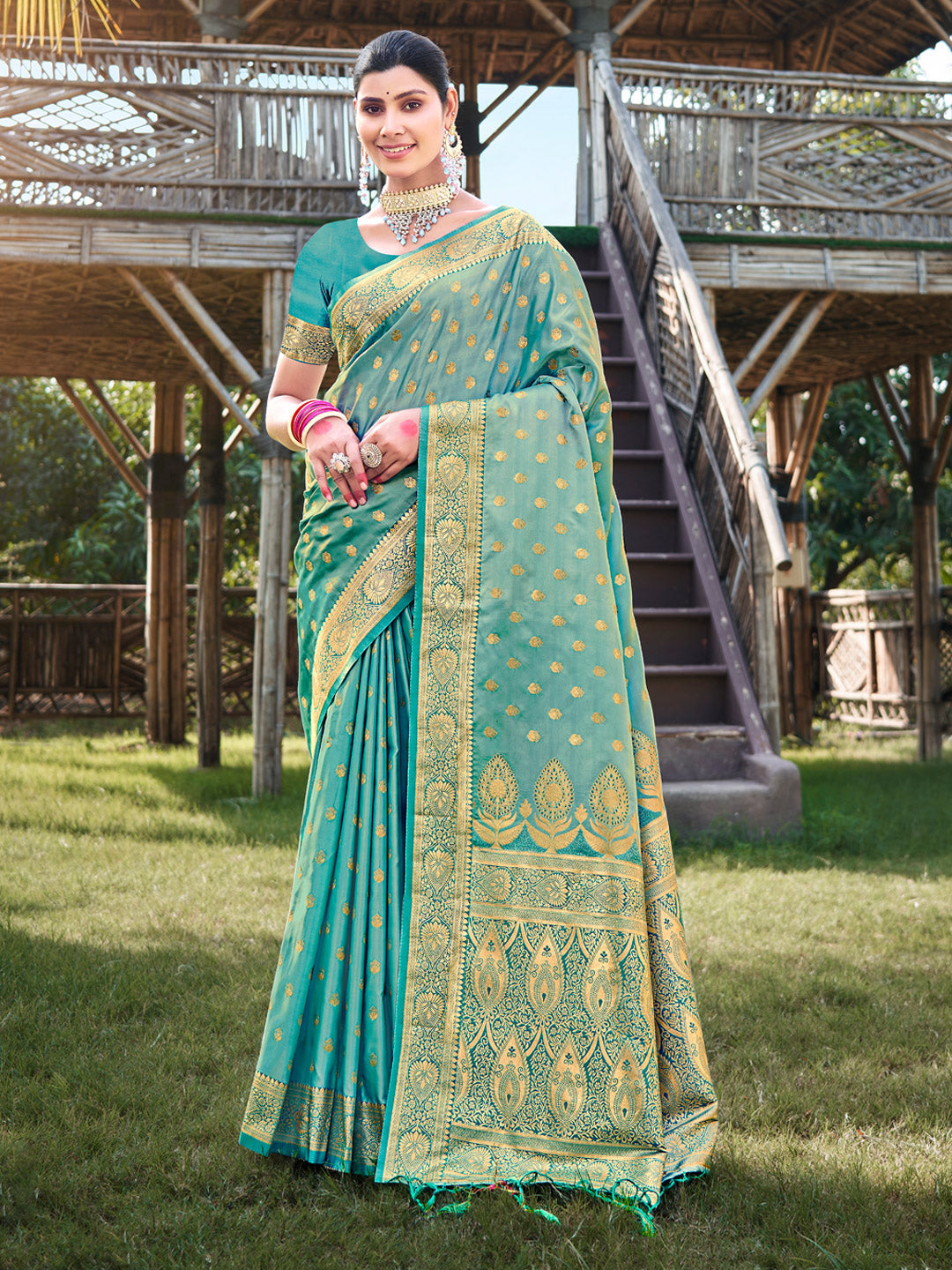 Women's Sea Green Stain Silk Woven Work Traditional Tassels Saree - Sangam Prints